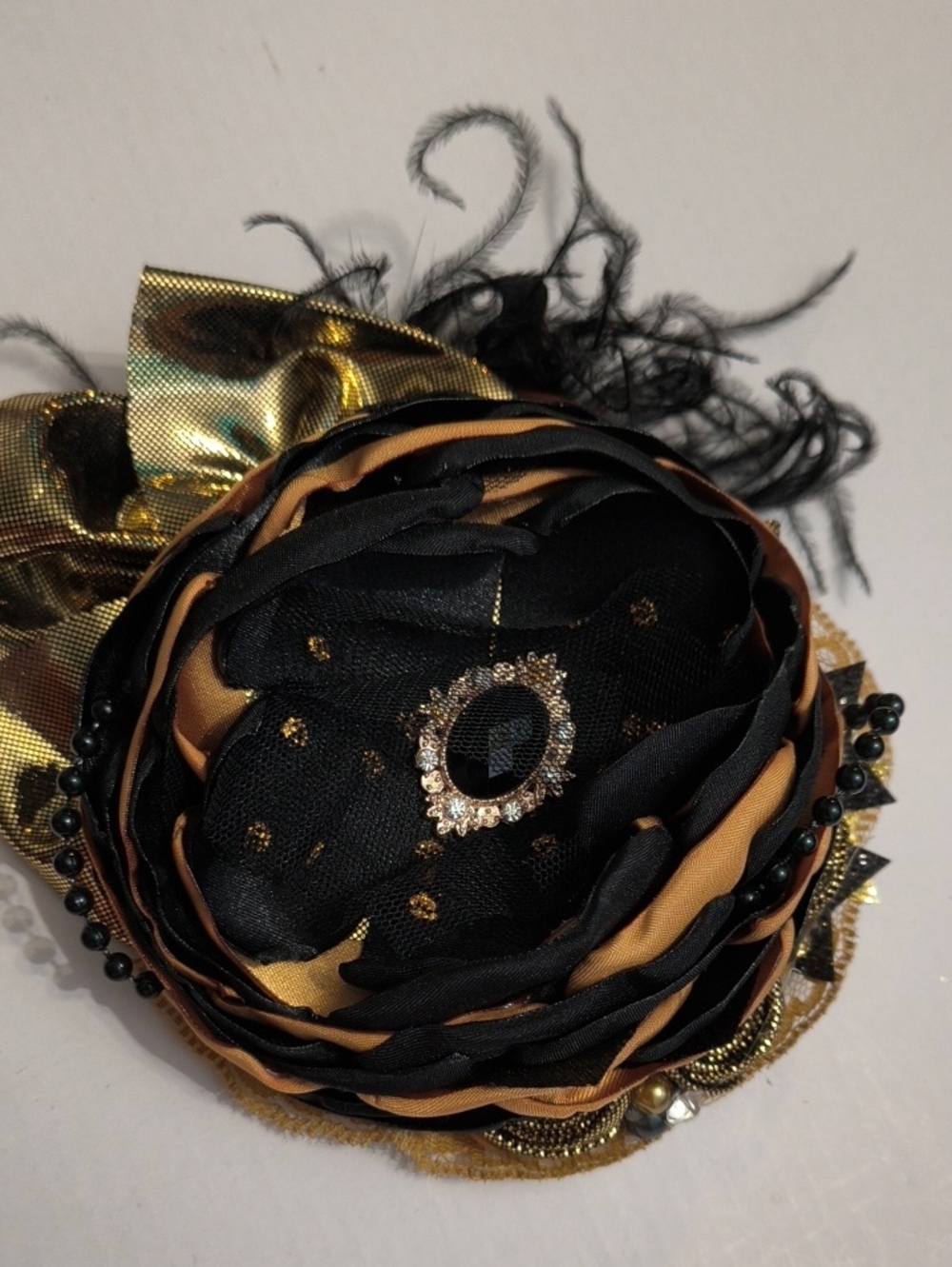 Black and Gold Floral Hair Clip with Rhinestone Accent